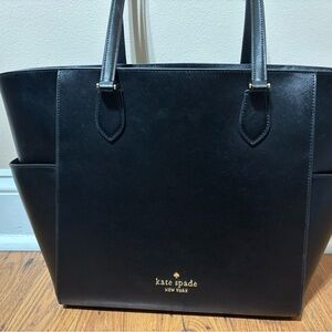 kate spade black leather tote with gold logo